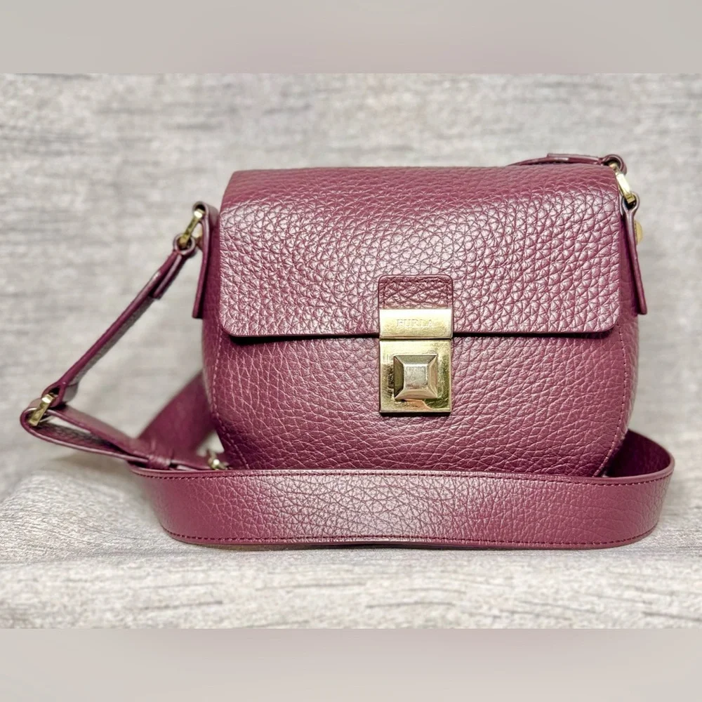 Furla Purple Leather Saddle Crossbody Bag - 7.5" x 6.5 - “Bordeaux” Mini Glenn - Picture 1 of 13